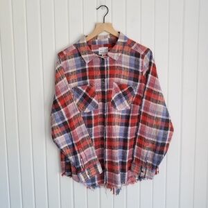 Women's 1X Raw Hem Boyfriend Plaid Layered Long Sleeve Casual Top